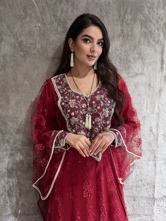 O 273 Maroon French Lace Tulle Dress