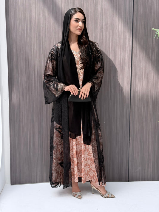 O 294 Black Sheer Leaf Appliqué Open Front Abaya