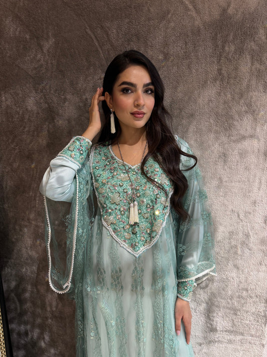 O 273 Mint Blue French Lace Tulle Dress