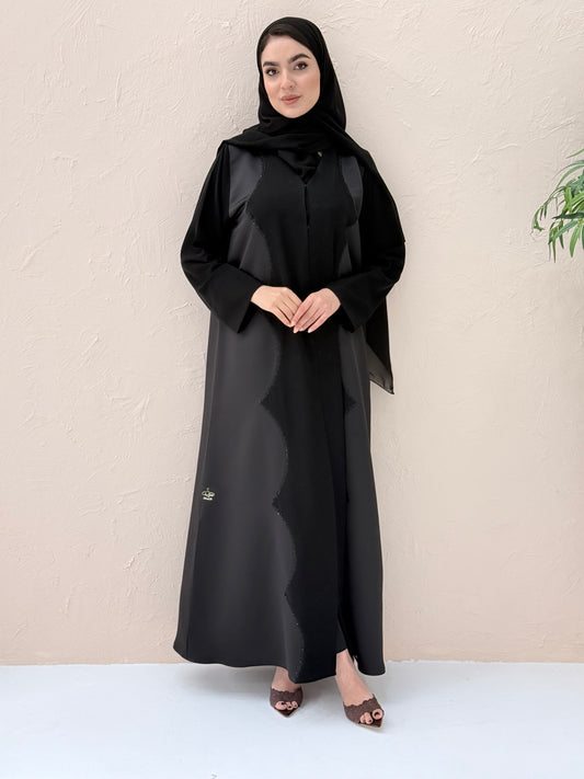 O 308 Noir Satin Blend Handwork Abaya