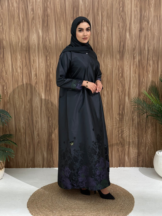 A dark grey floral satin abaya, with a unique look, perfect for events and occasions.