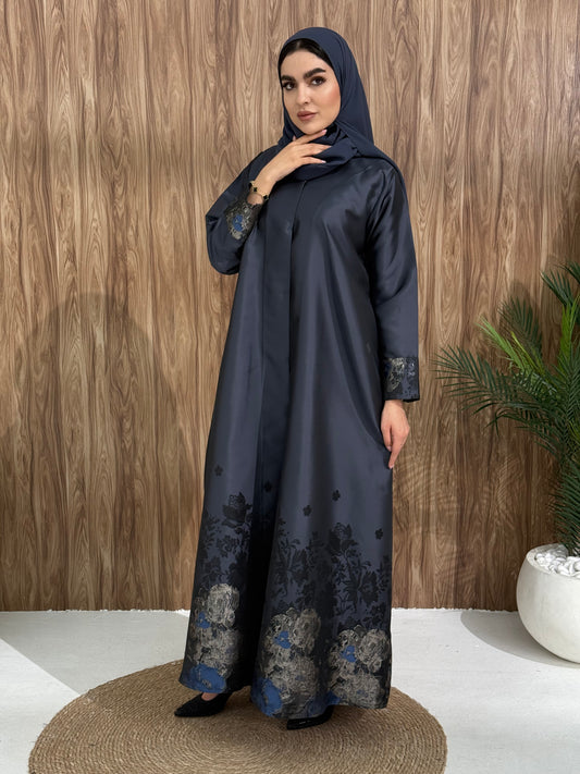 A navy blue floral satin abaya, with a unique look, perfect for events and occasions.