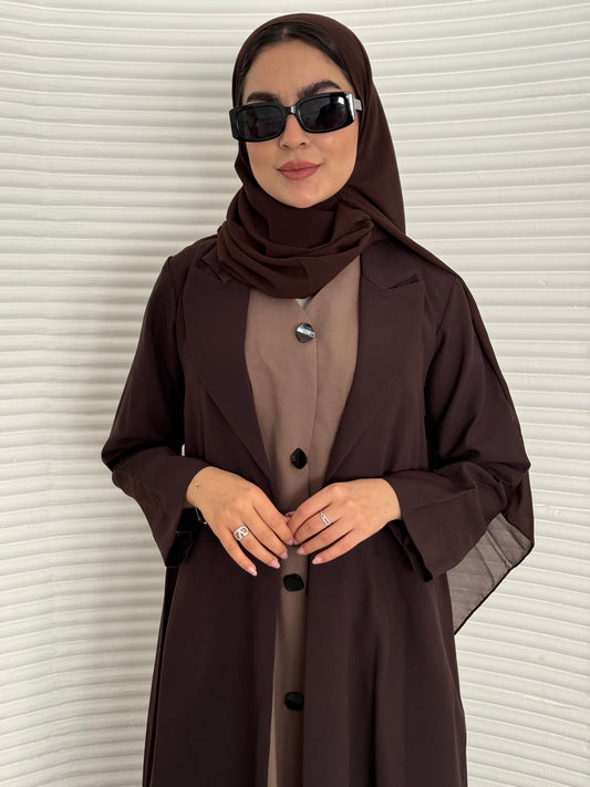 A premium linen dark brown abaya with a matching sheila, perfect for formal occasions and travel.