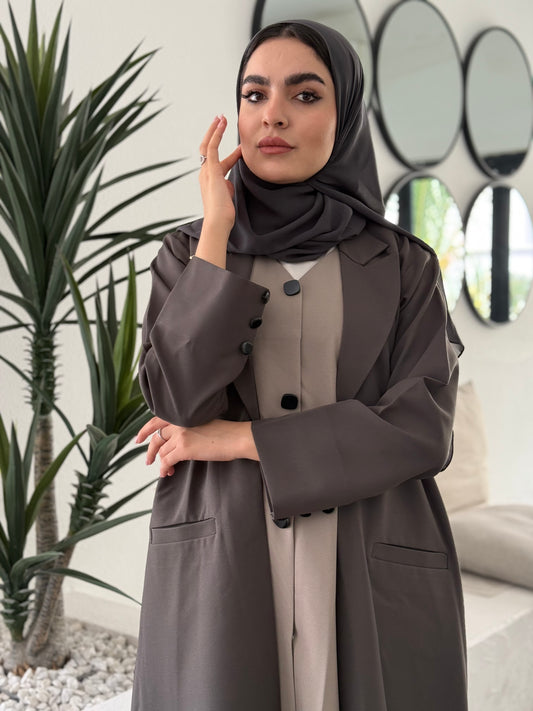 A premium linen dark olive abaya with a matching sheila, perfect for formal occasions and travel.