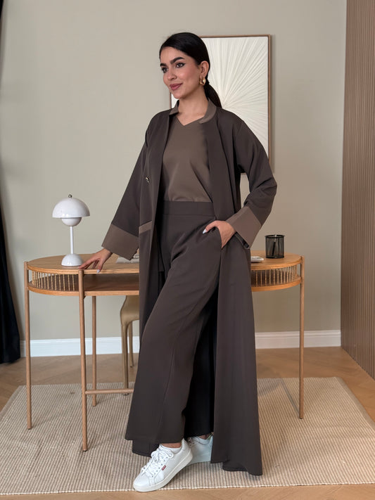 A dark brown 3-piece abaya set that includes an open abaya, matching trouser, inner top and sheila. This abaya is perfect for events, business settings/meetings.