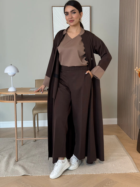 A mocha brown 3-piece abaya set that includes an open abaya, matching trouser, inner top and sheila. This abaya is perfect for events, business settings/meetings.