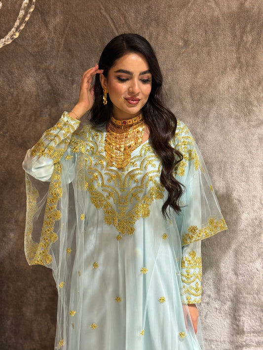 Woman wearing a light blue embroidered jalabiya with gold details against a brown background