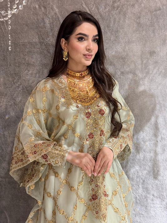 Woman in a Sage Green Luxury Embroidered Kaftan traditional outfit standing on a textured surface