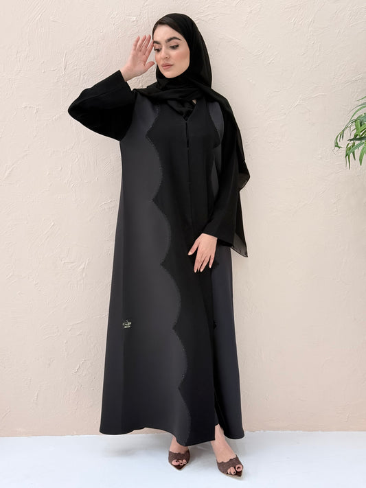 O 308 Noir Satin Blend Handwork Abaya