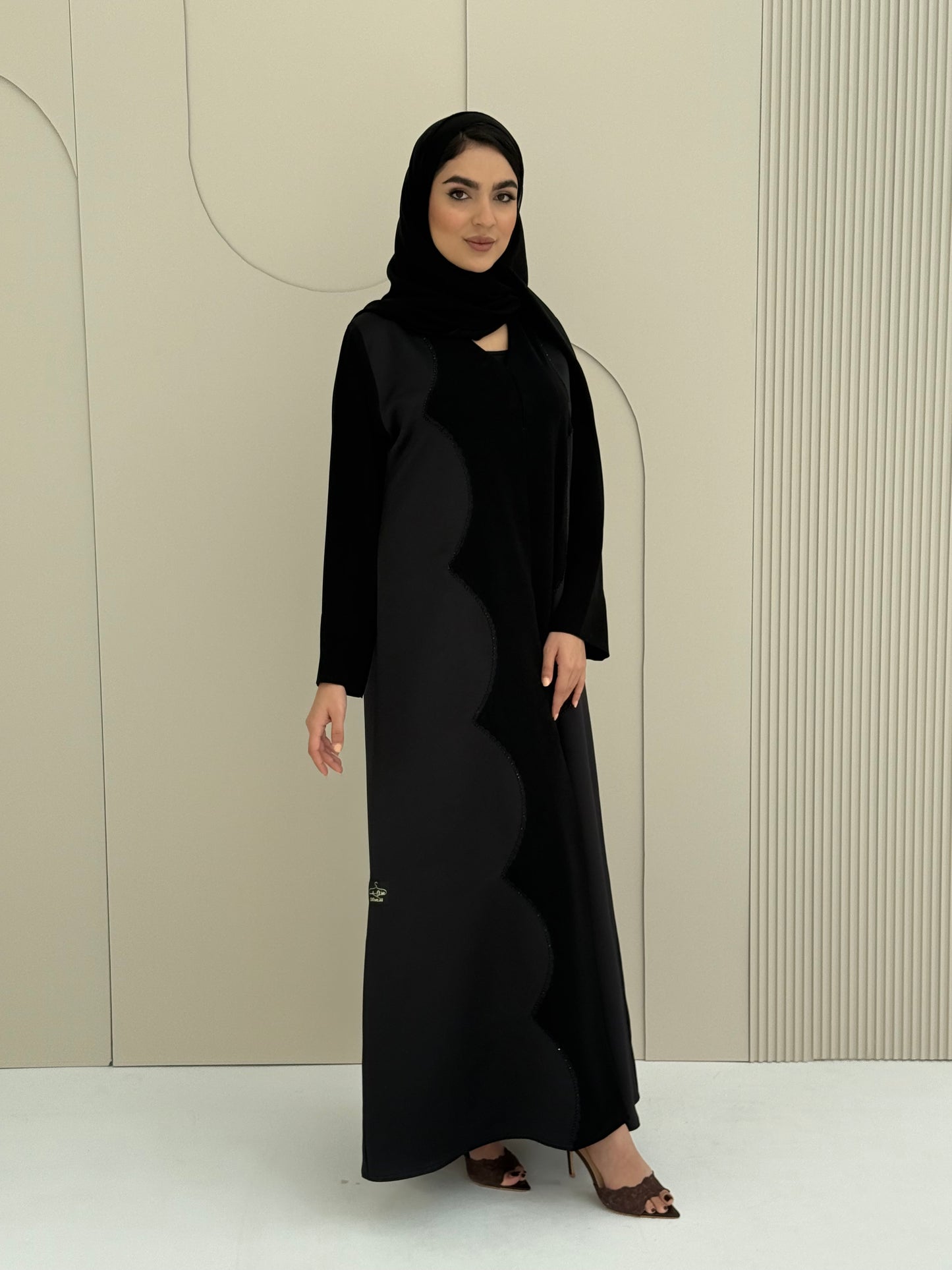 O 308 Noir Satin Blend Handwork Abaya