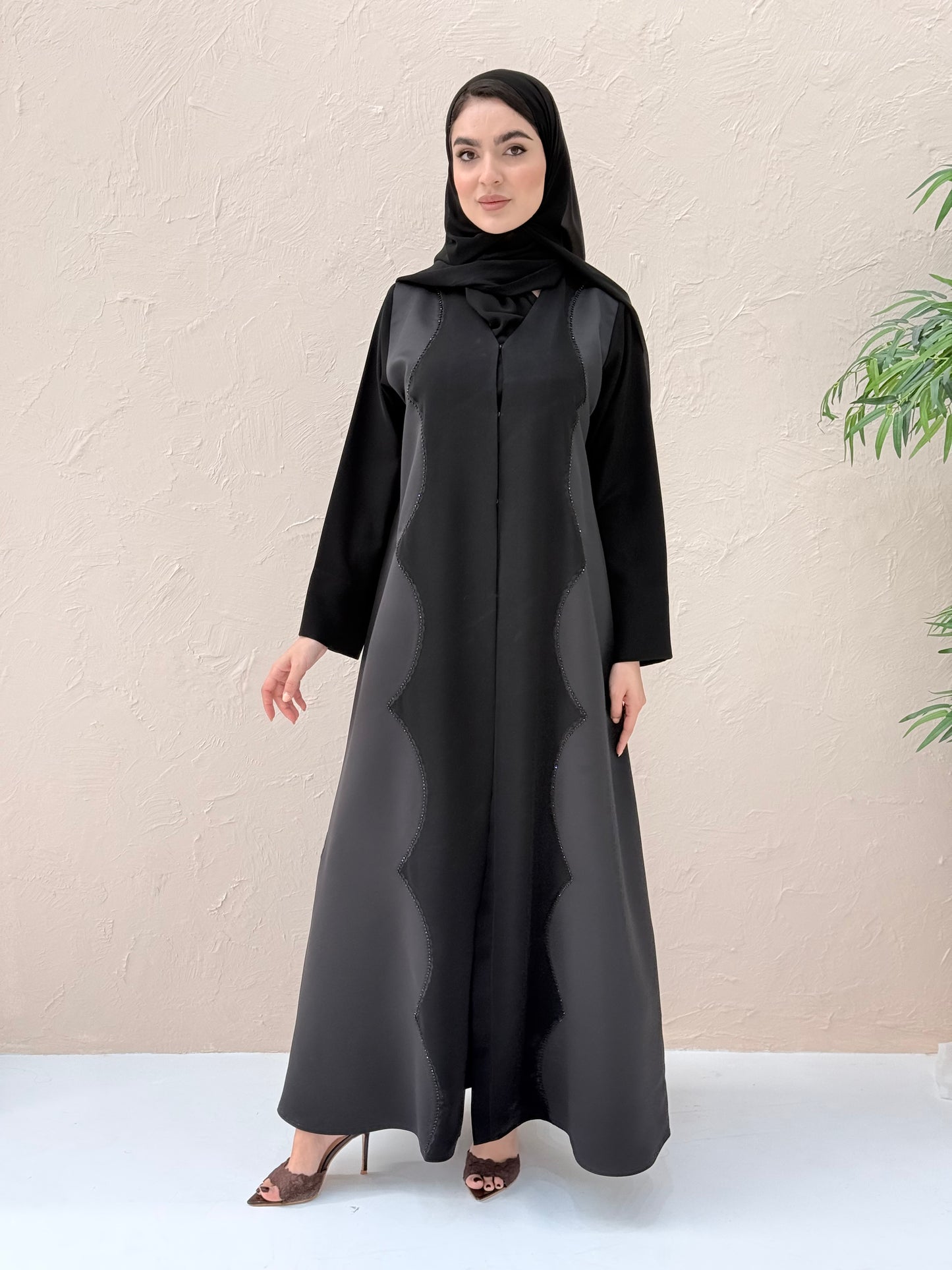 O 308 Noir Satin Blend Handwork Abaya
