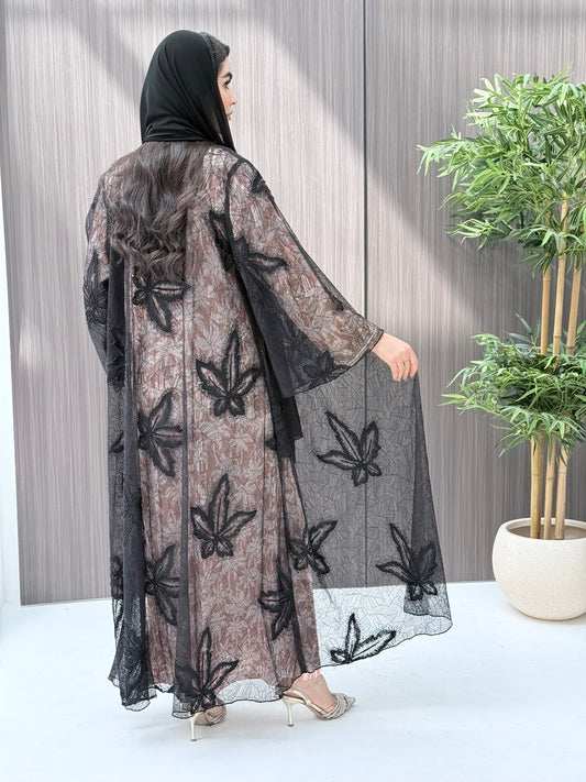 O 294 Black Sheer Leaf Appliqué Open Front Abaya