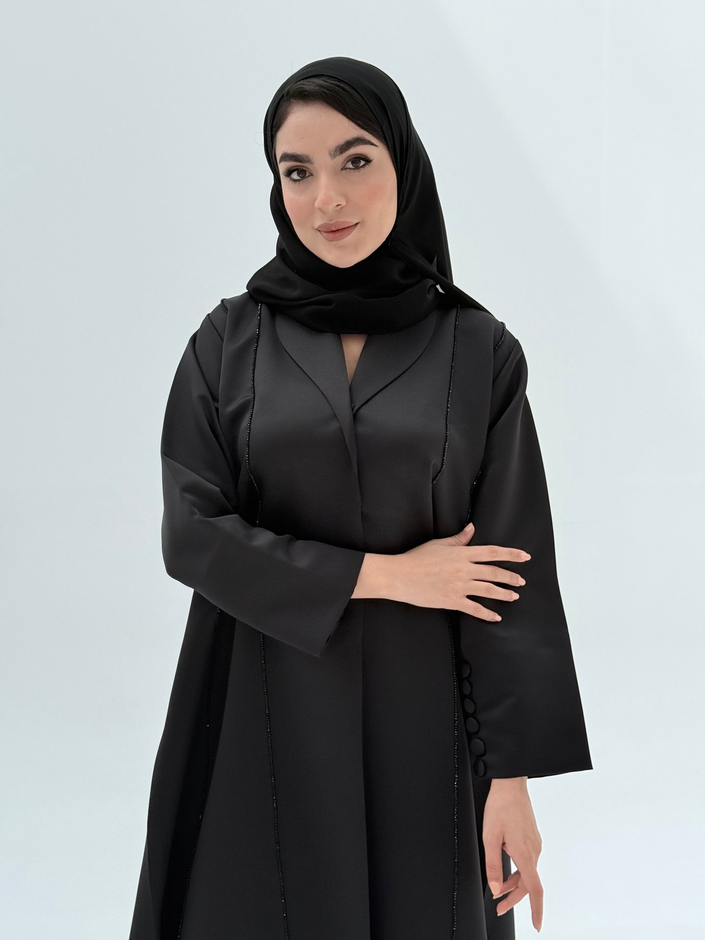 O 306 Noir Satin Handwork Abaya