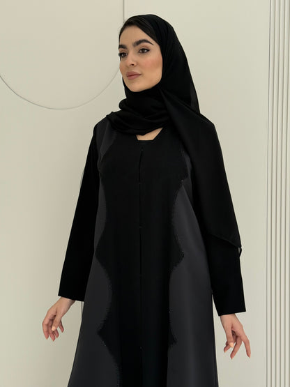 O 308 Noir Satin Blend Handwork Abaya