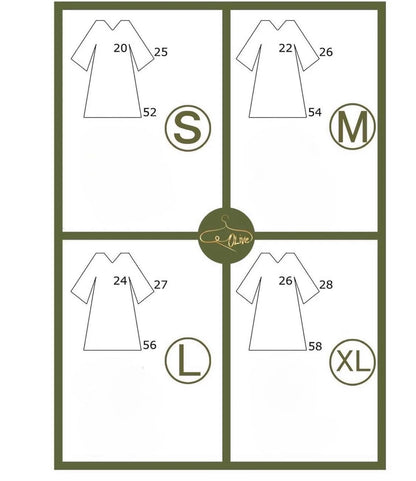 Size chart for abaya with measurements in incheas