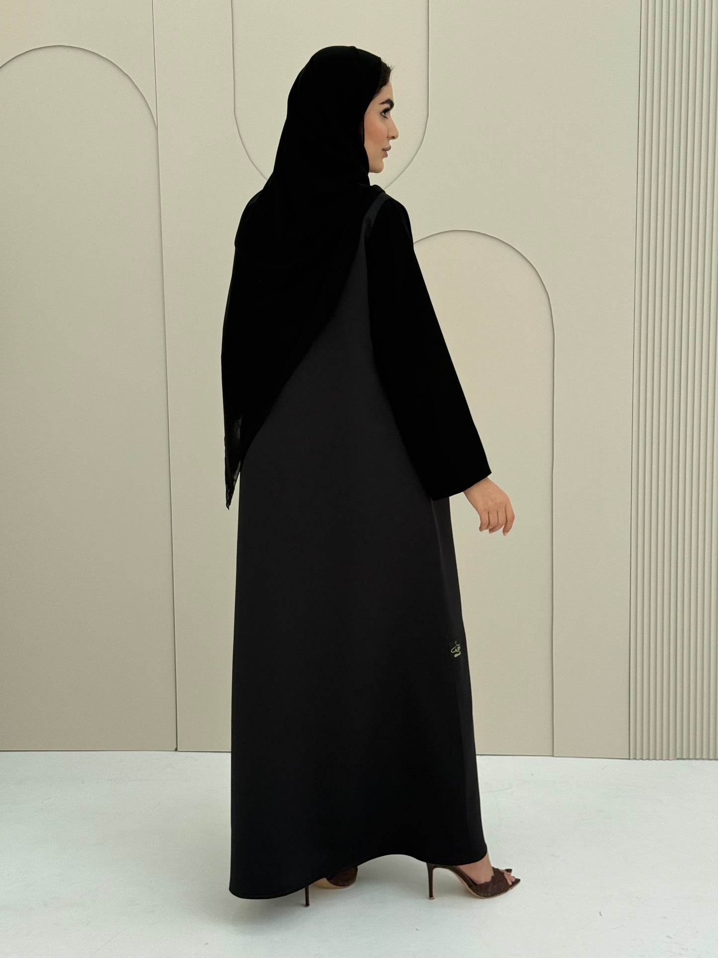 O 308 Noir Satin Blend Handwork Abaya