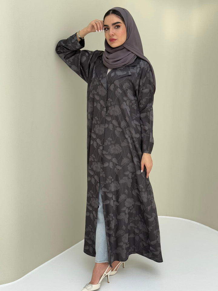O 155 Black Floral Printed Satin Abaya