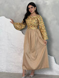 A woman wearing a floral long-sleeve Dark Beige Floral Embroidered Dress