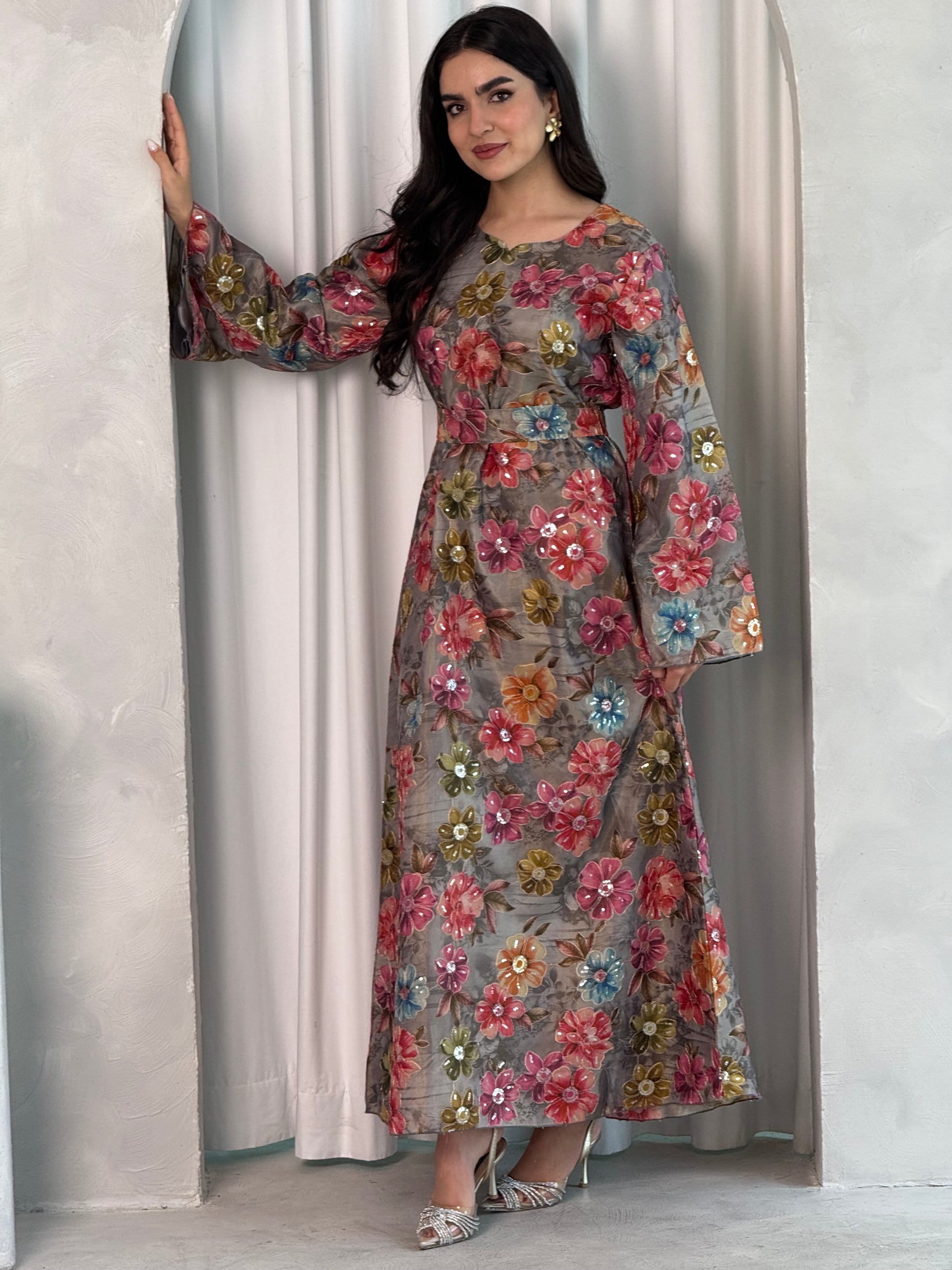 grey floral embroidered dress Blue Hand Embellished Floral V Neck Long Sleeve Dress main image 0