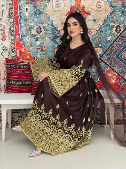 A woman sitting in front of a colorful backdrop wearing a dark brown and gold-colored Saree-Style Draped Jalabiya with net embroidery, featuring a belt.