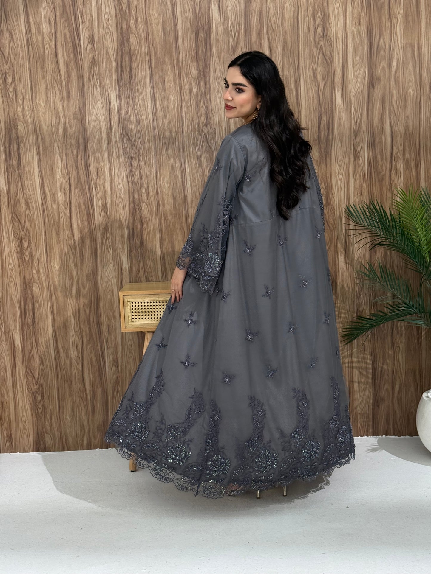 A dark grey abaya with embroidery and dantel (lace) good for Eid and Henna Party