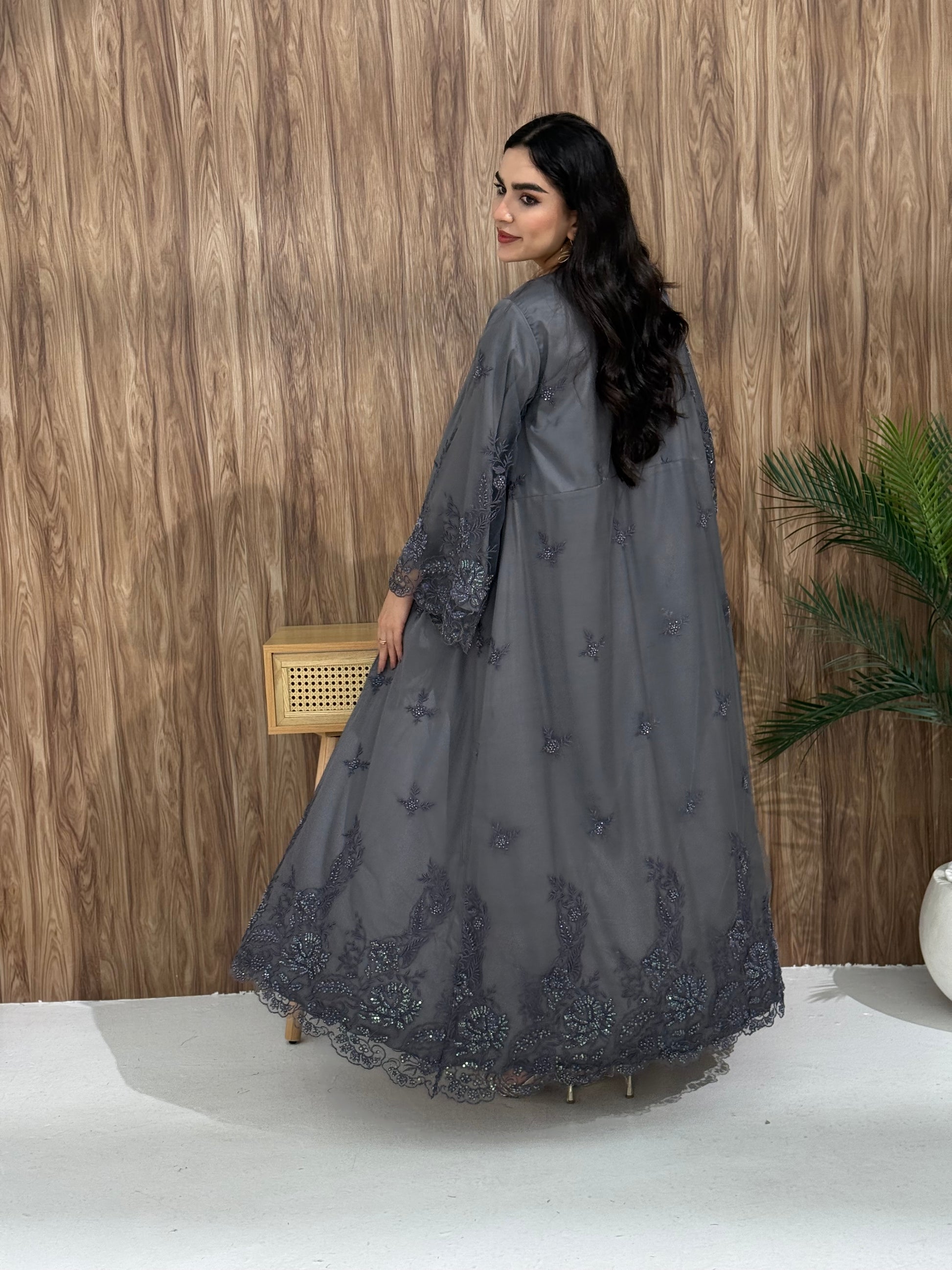 A dark grey abaya with embroidery and dantel (lace) good for Eid and Henna Party