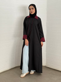 A black and burgundy(maroon) abaya perfect for everyday office wear and corporate events.