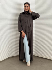 A dark brown pinstripe abaya perfect for everyday office wear and weekend outings
