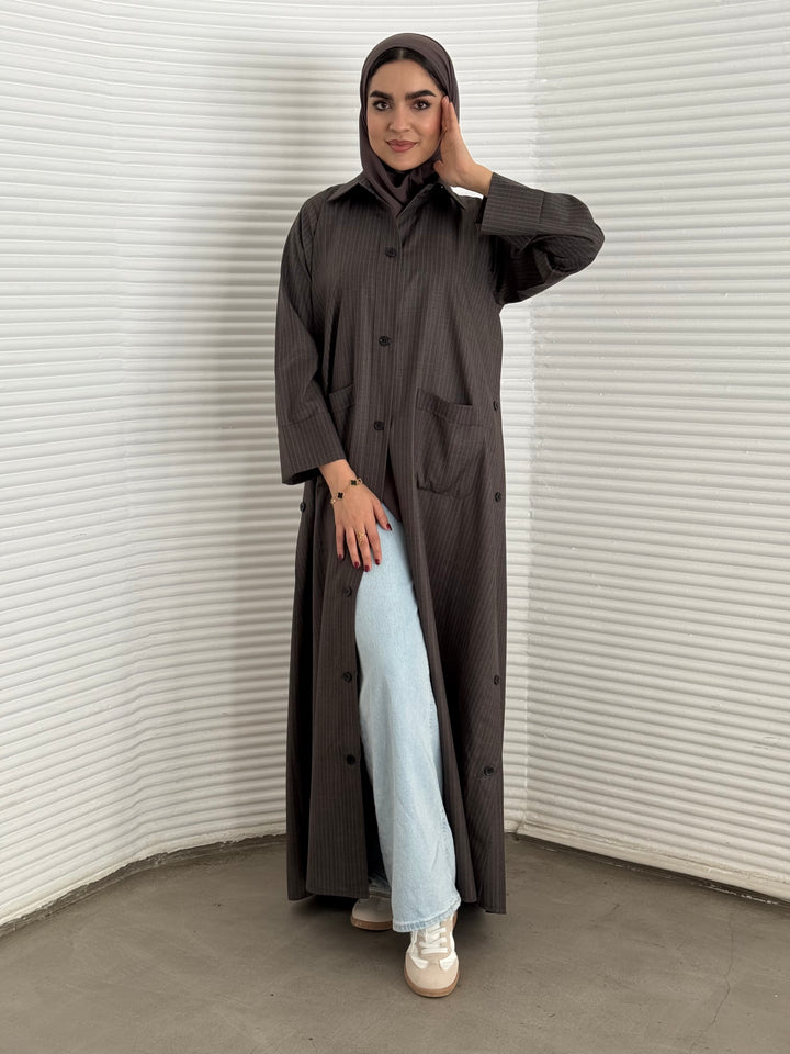 A dark brown pinstripe abaya perfect for everyday office wear and weekend outings