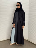 A Navy Blue & Grey two-tone coat-style abaya, a premium linen abaya, perfect for travel and office wear.