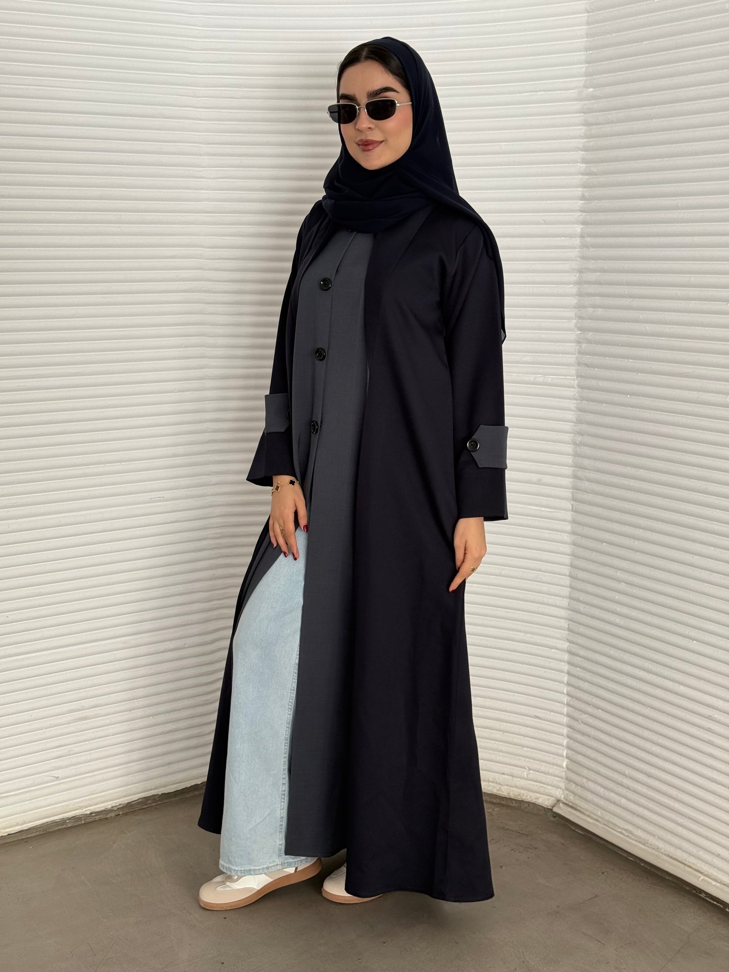 A Navy Blue & Grey two-tone coat-style abaya, a premium linen abaya, perfect for travel and office wear.