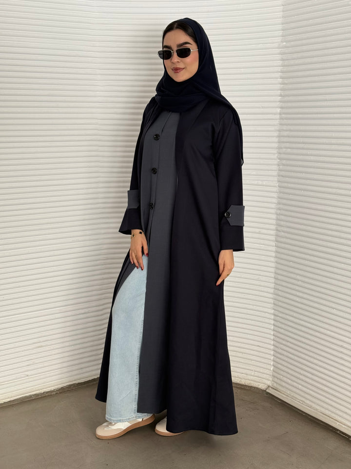 A Navy Blue & Grey two-tone coat-style abaya, a premium linen abaya, perfect for travel and office wear.