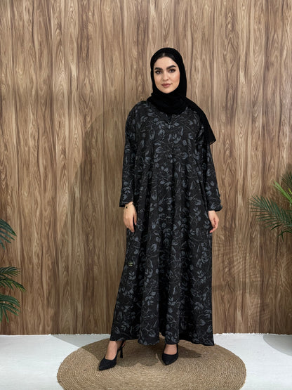 A black and grey floral abaya that is perfect for office, evening wear and events.