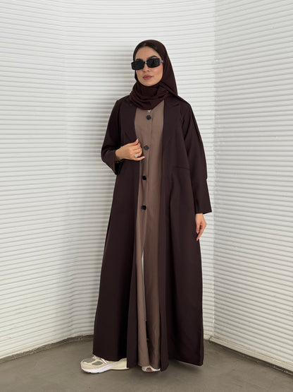 A premium linen dark brown  abaya with a matching sheila, perfect for formal occasions and travel.