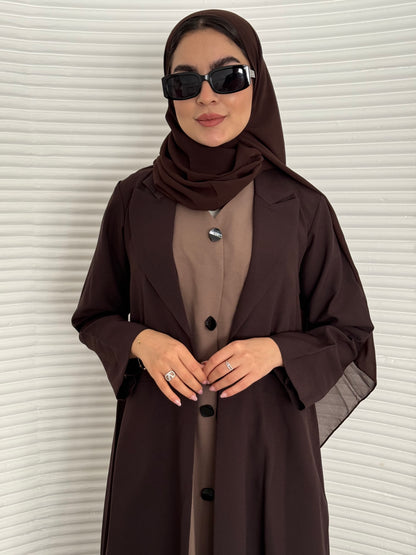 A premium linen dark brown  abaya with a matching sheila, perfect for formal occasions and travel.