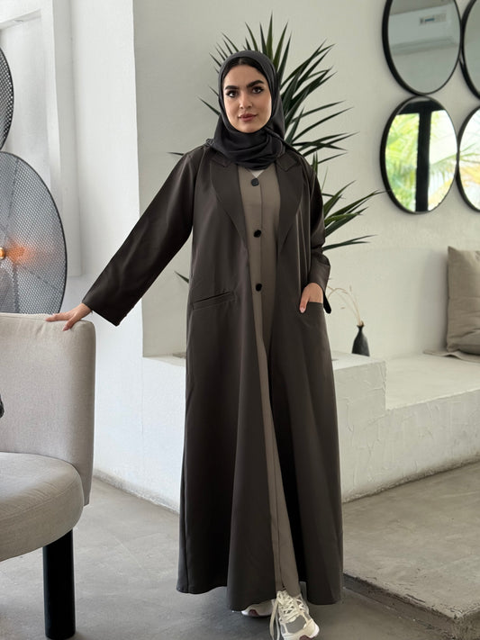 A premium linen dark olive  abaya with a matching sheila, perfect for formal occasions and travel.