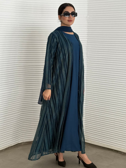 A 3 set of teal blue abaya, that includes a matching inner dress and sheila, this set is perfect for effortless evening luxury.