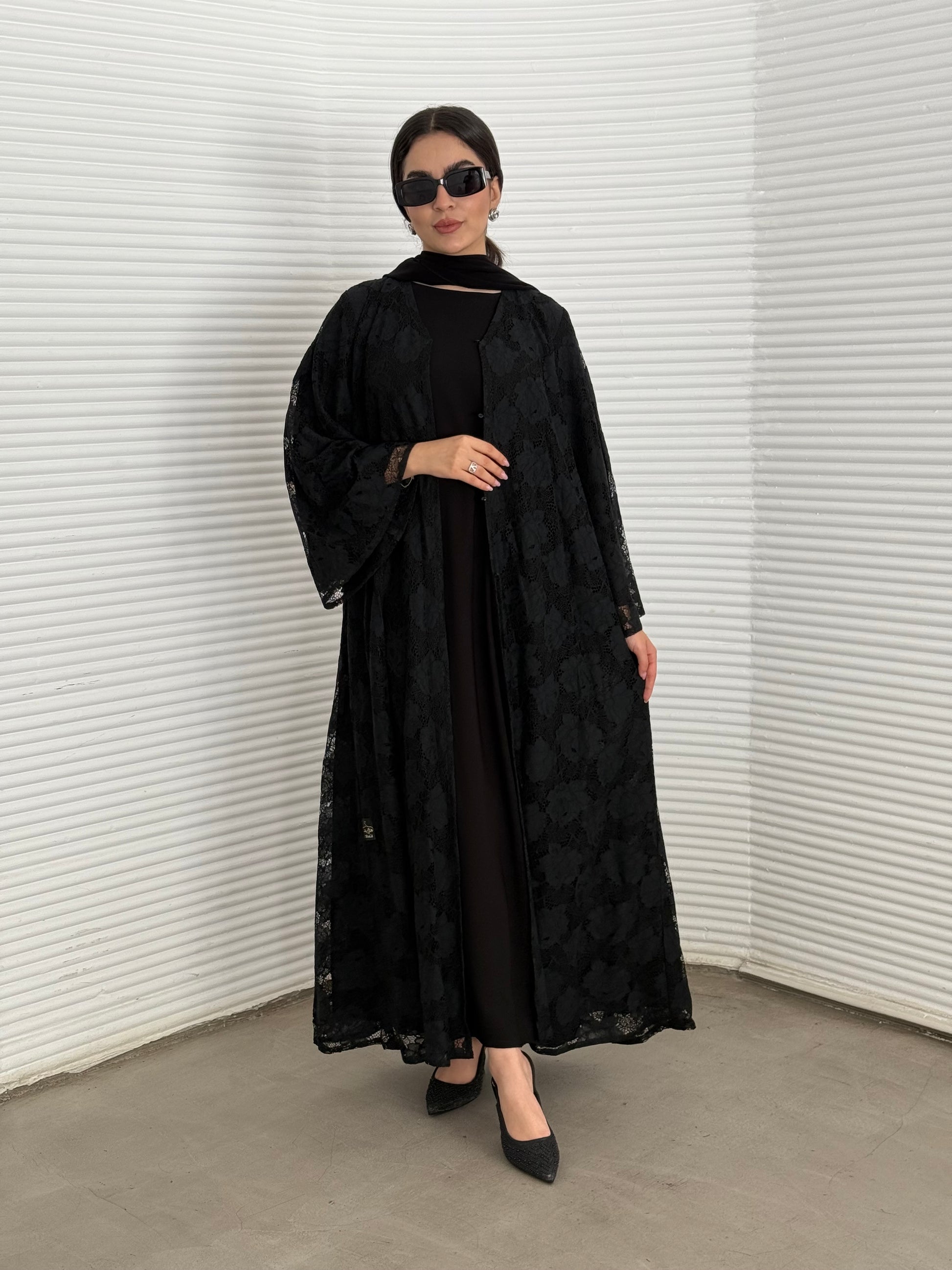 Abaya set of matching inner dress, abaya and sheila of black floral lace, this set is perfect for daytime formal events.