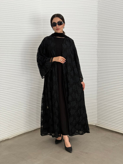Abaya set of matching inner dress, abaya and sheila of black floral lace, this set is perfect for daytime formal events.