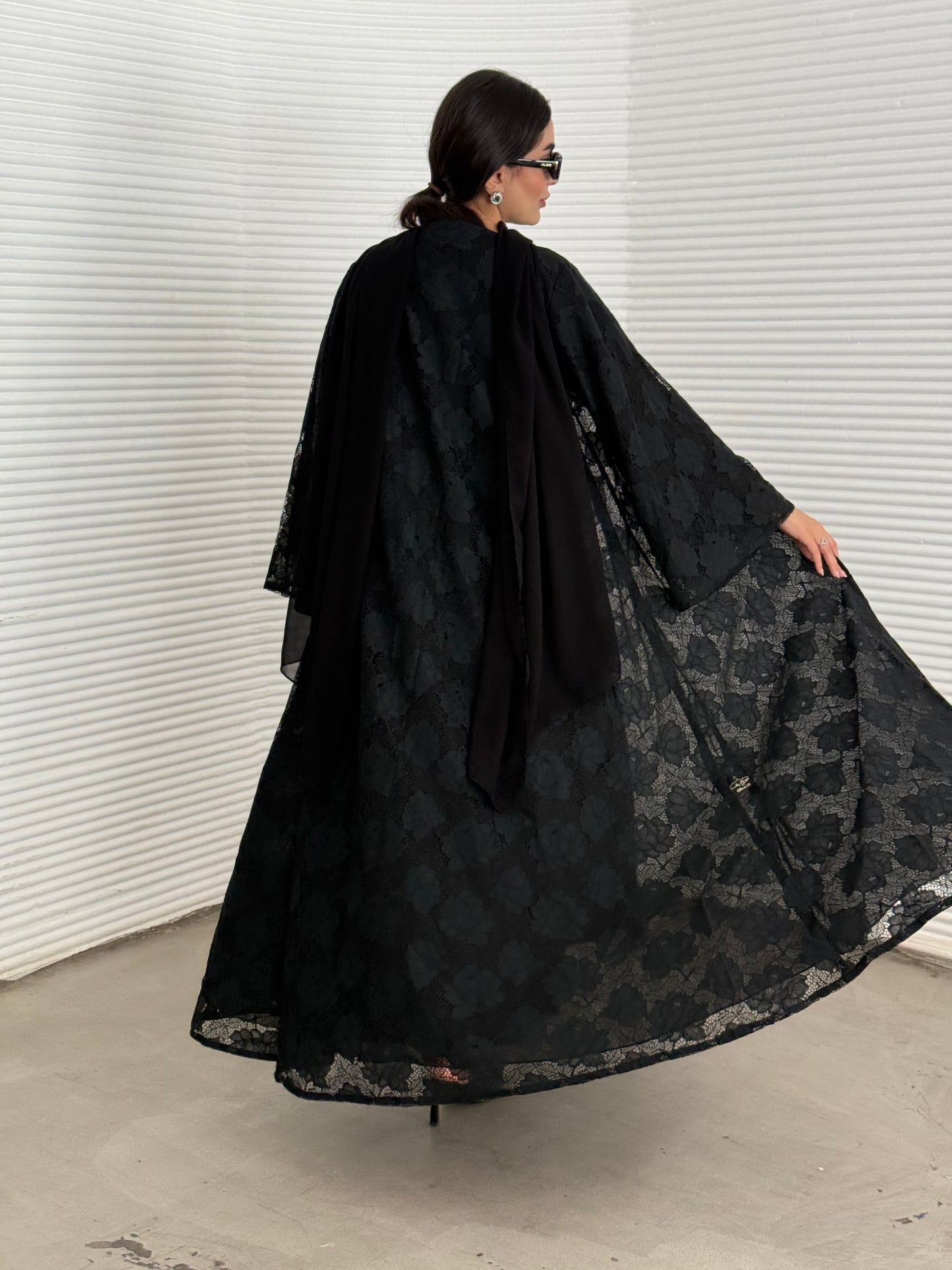 Abaya set of matching inner dress, abaya and sheila of black floral lace, this set is perfect for daytime formal events.