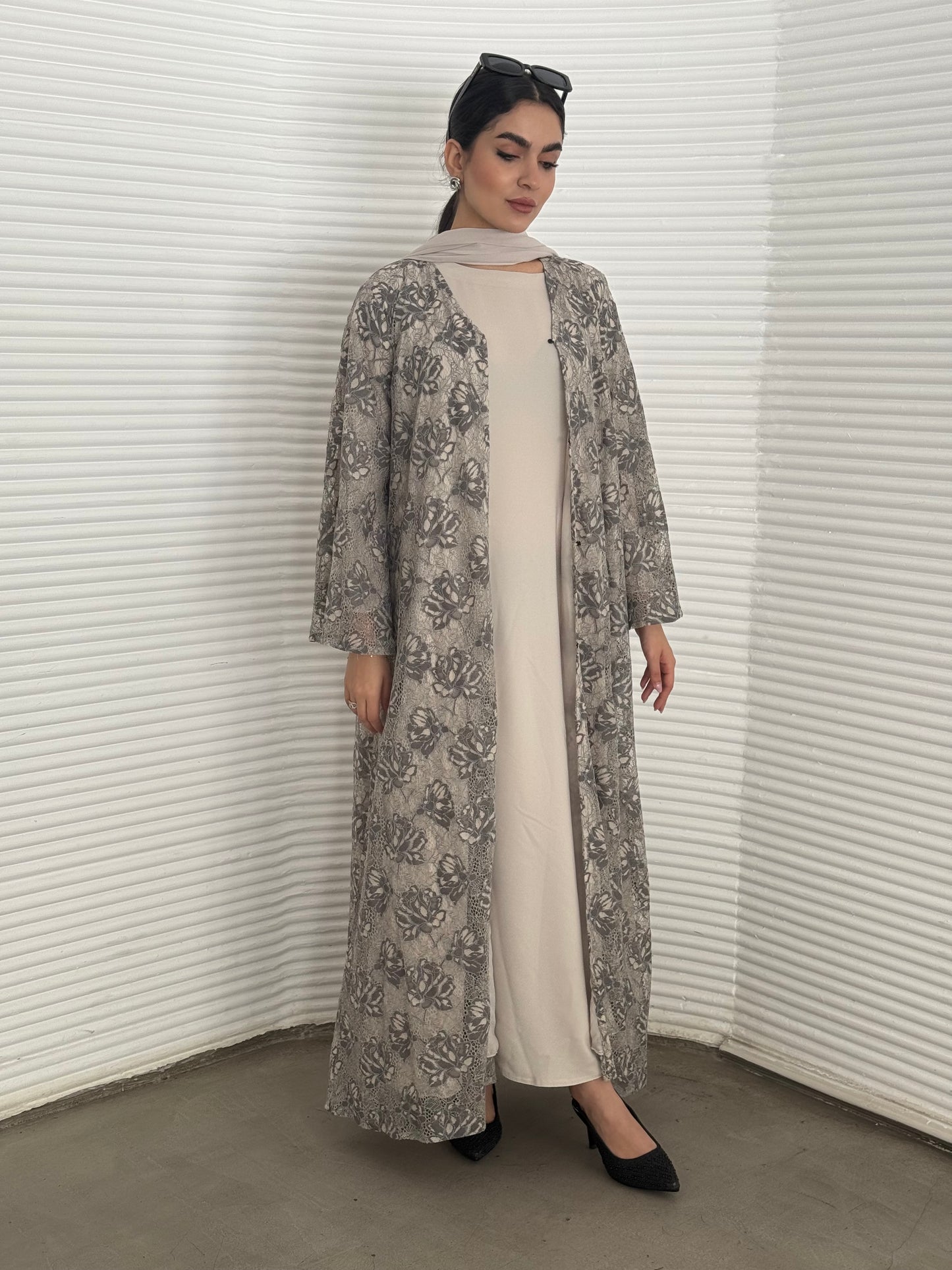 Abaya set of matching inner dress, abaya and sheila of grey floral lace, this set is perfect for daytime formal events.