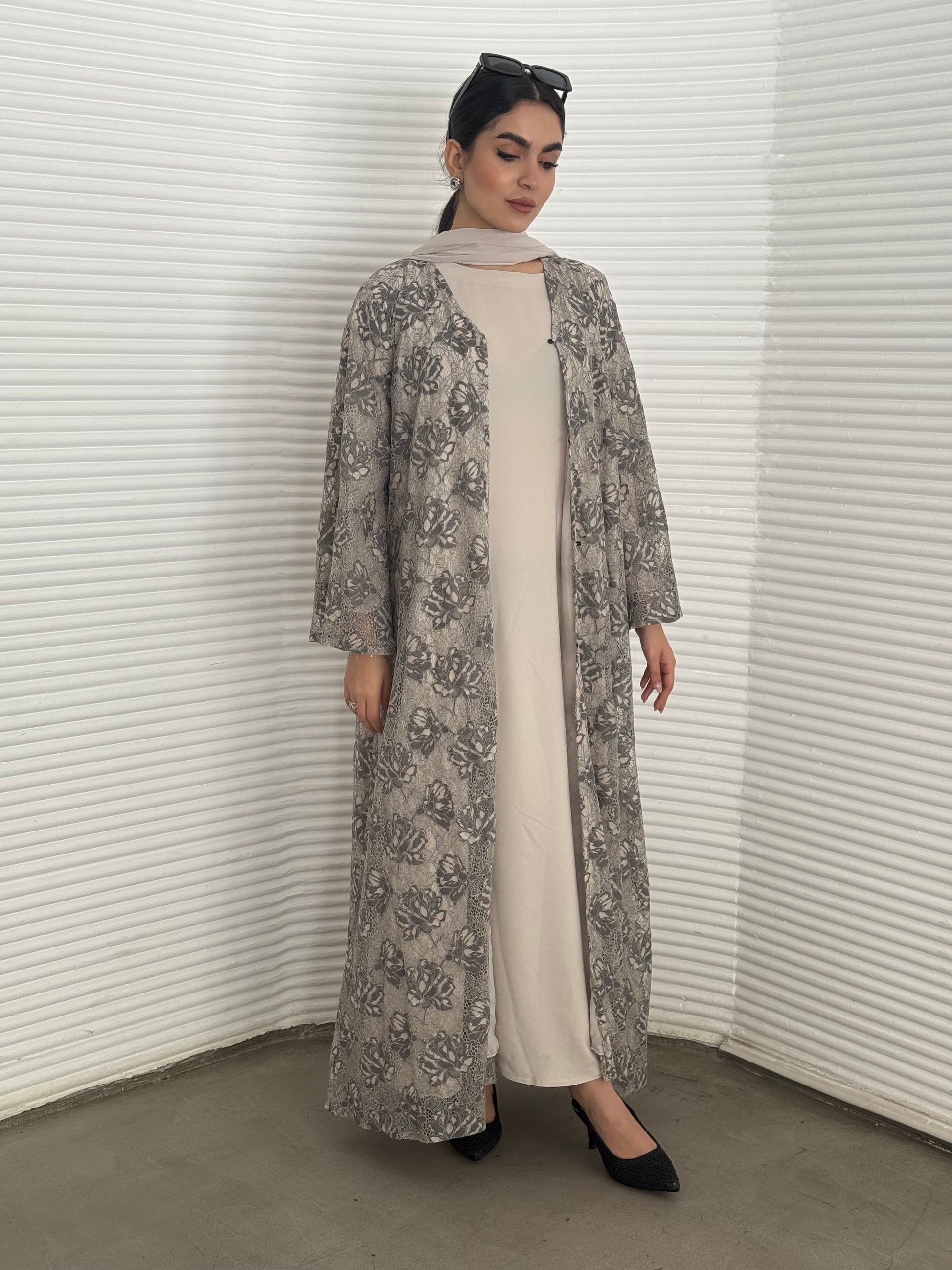 Abaya set of matching inner dress, abaya and sheila of grey floral lace, this set is perfect for daytime formal events.