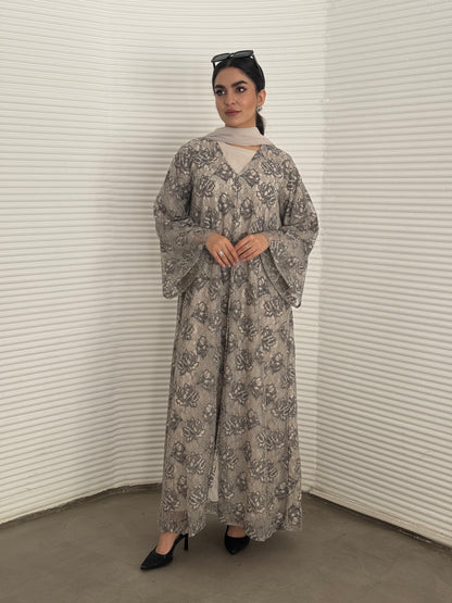 Abaya set of matching inner dress, abaya and sheila of grey floral lace, this set is perfect for daytime formal events.
