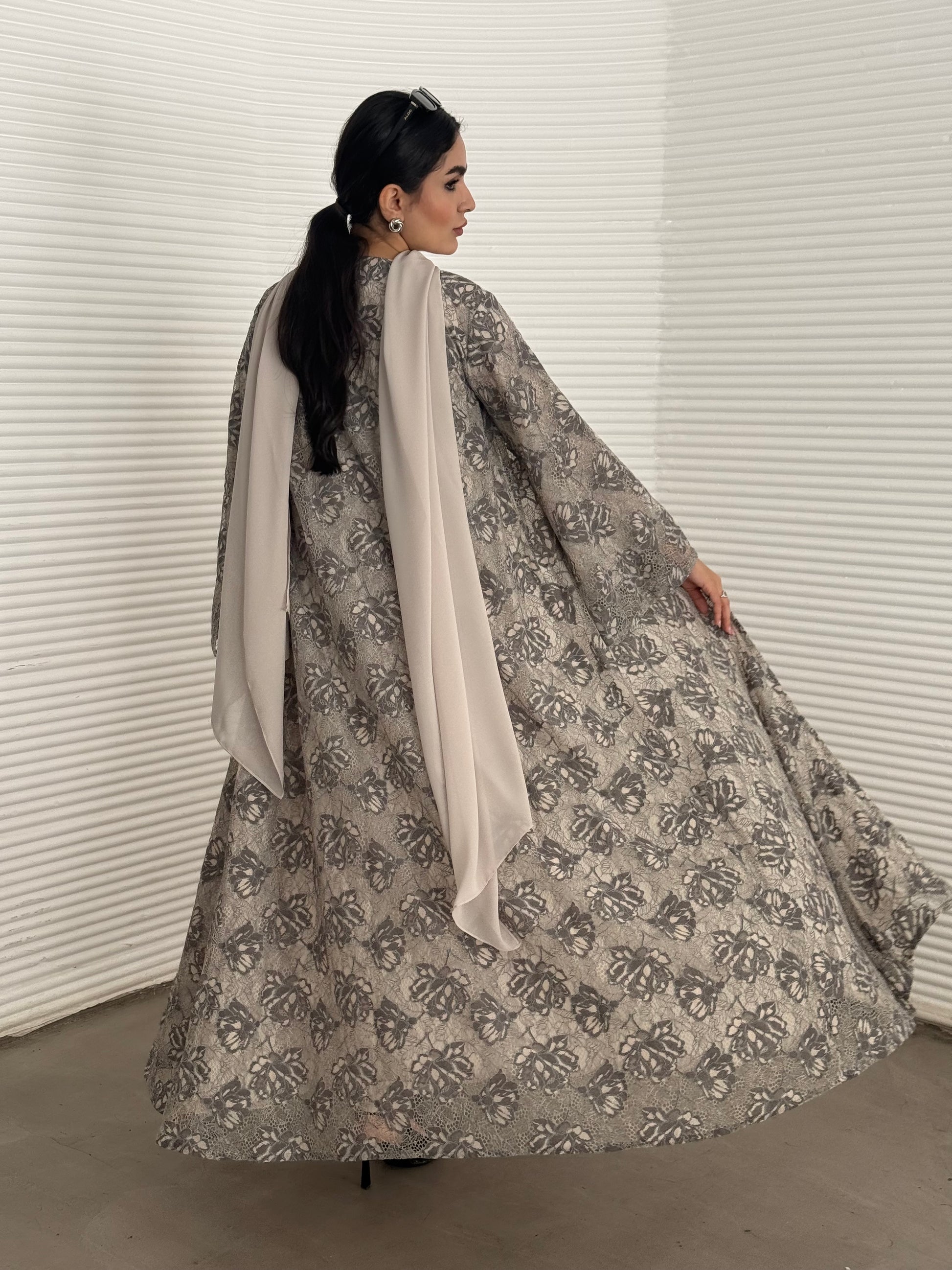 Abaya set of matching inner dress, abaya and sheila of grey floral lace, this set is perfect for daytime formal events.