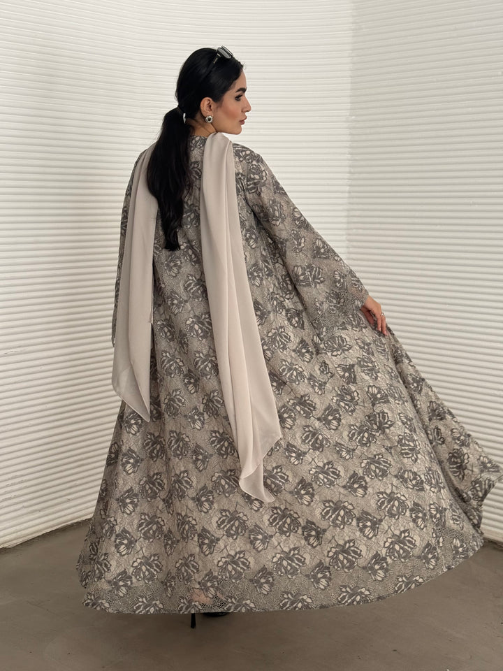 Abaya set of matching inner dress, abaya and sheila of grey floral lace, this set is perfect for daytime formal events.