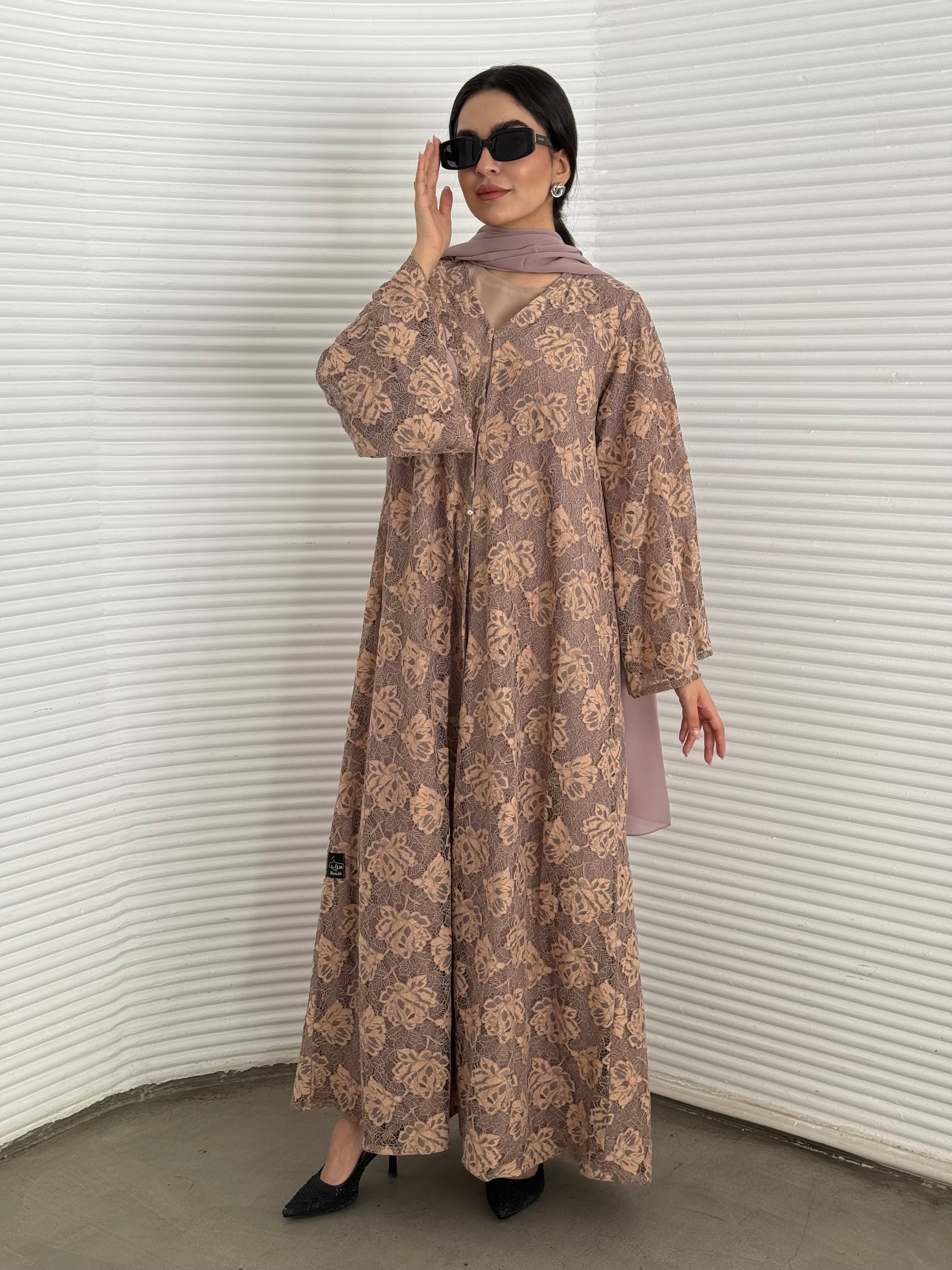 Abaya set of matching inner dress, abaya and sheila of mink brown floral lace, this set is perfect for daytime formal events.