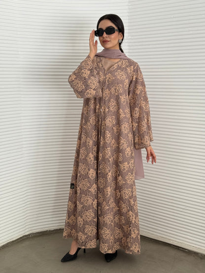 Abaya set of matching inner dress, abaya and sheila of mink brown floral lace, this set is perfect for daytime formal events.