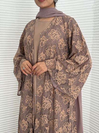Abaya set of matching inner dress, abaya and sheila of mink brown floral lace, this set is perfect for daytime formal events.