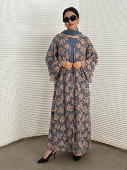 Abaya set of matching inner dress, abaya and sheila of slate blue and peach floral lace, this set is perfect for daytime formal events.