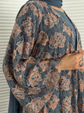 Abaya set of matching inner dress, abaya and sheila of slate blue and peach floral lace, this set is perfect for daytime formal events.